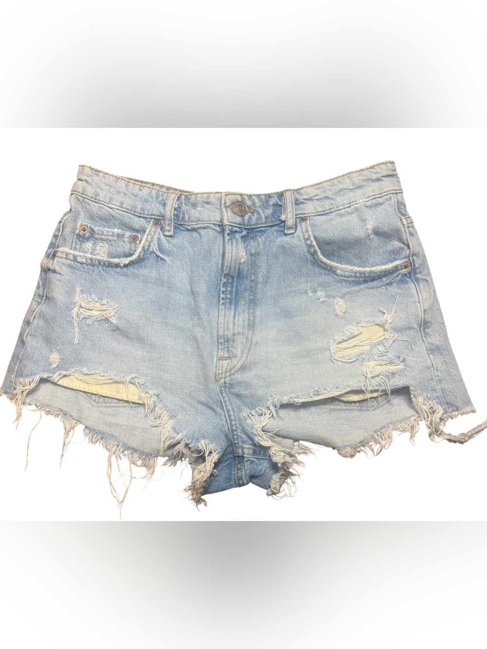 Zara Right On Move On Light Wash High Rise Blue Distressed Denim Shorts Size 8